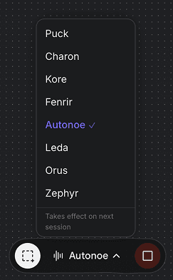 Google Stitch voice selection with 8 voice options