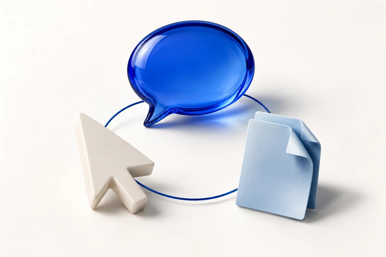 A blue speech bubble connects with a cursor and folded document.