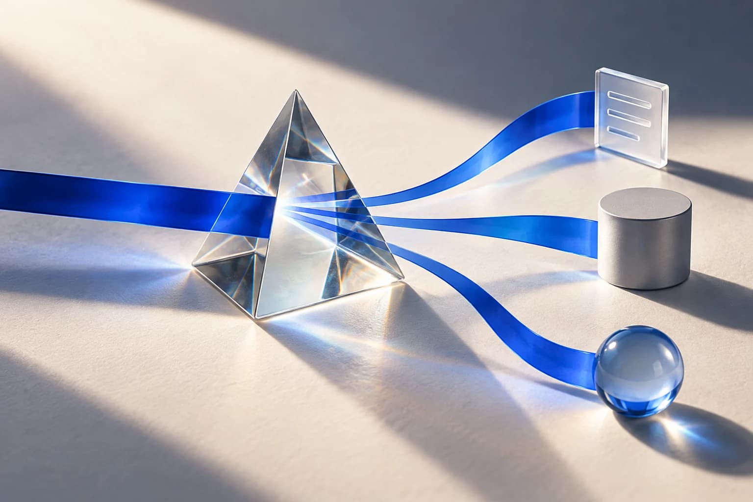 A blue ribbon splits through a glass prism toward document, storage, and processing symbols.
