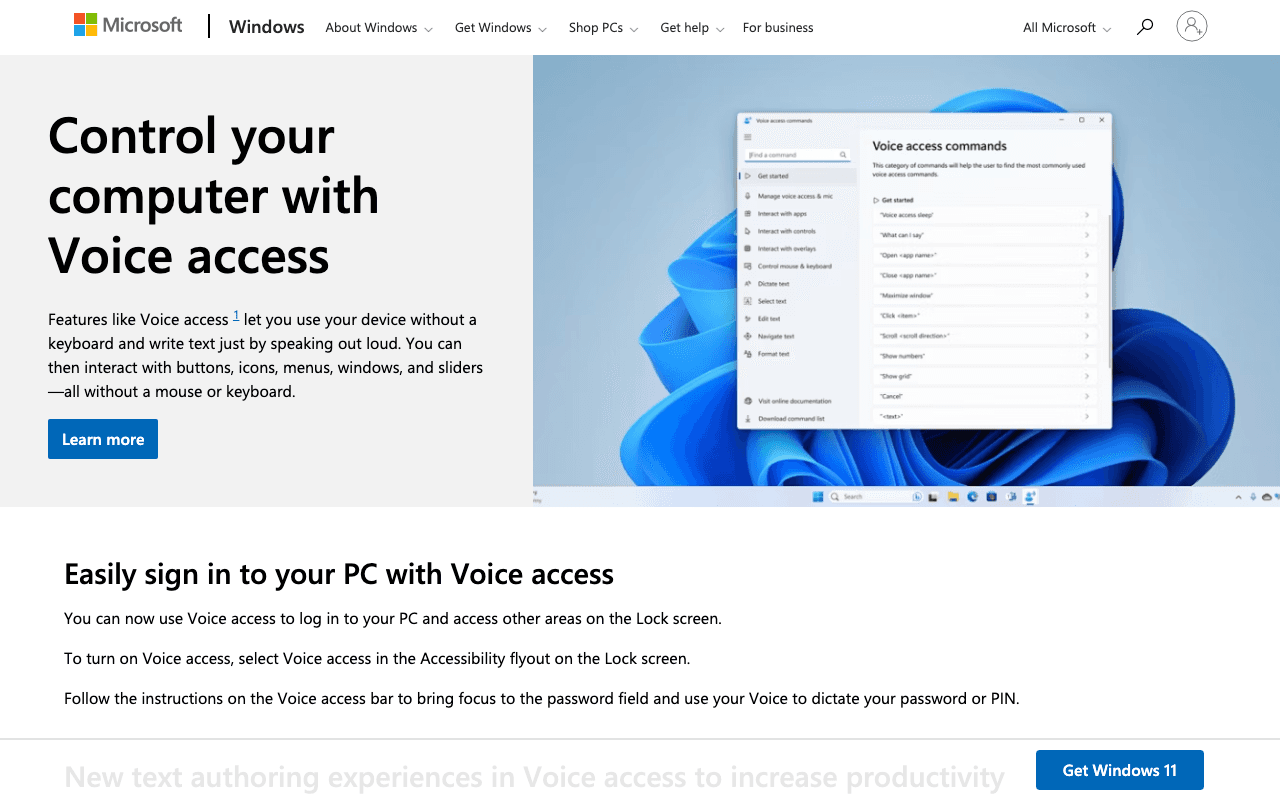 Windows Voice Access landing page