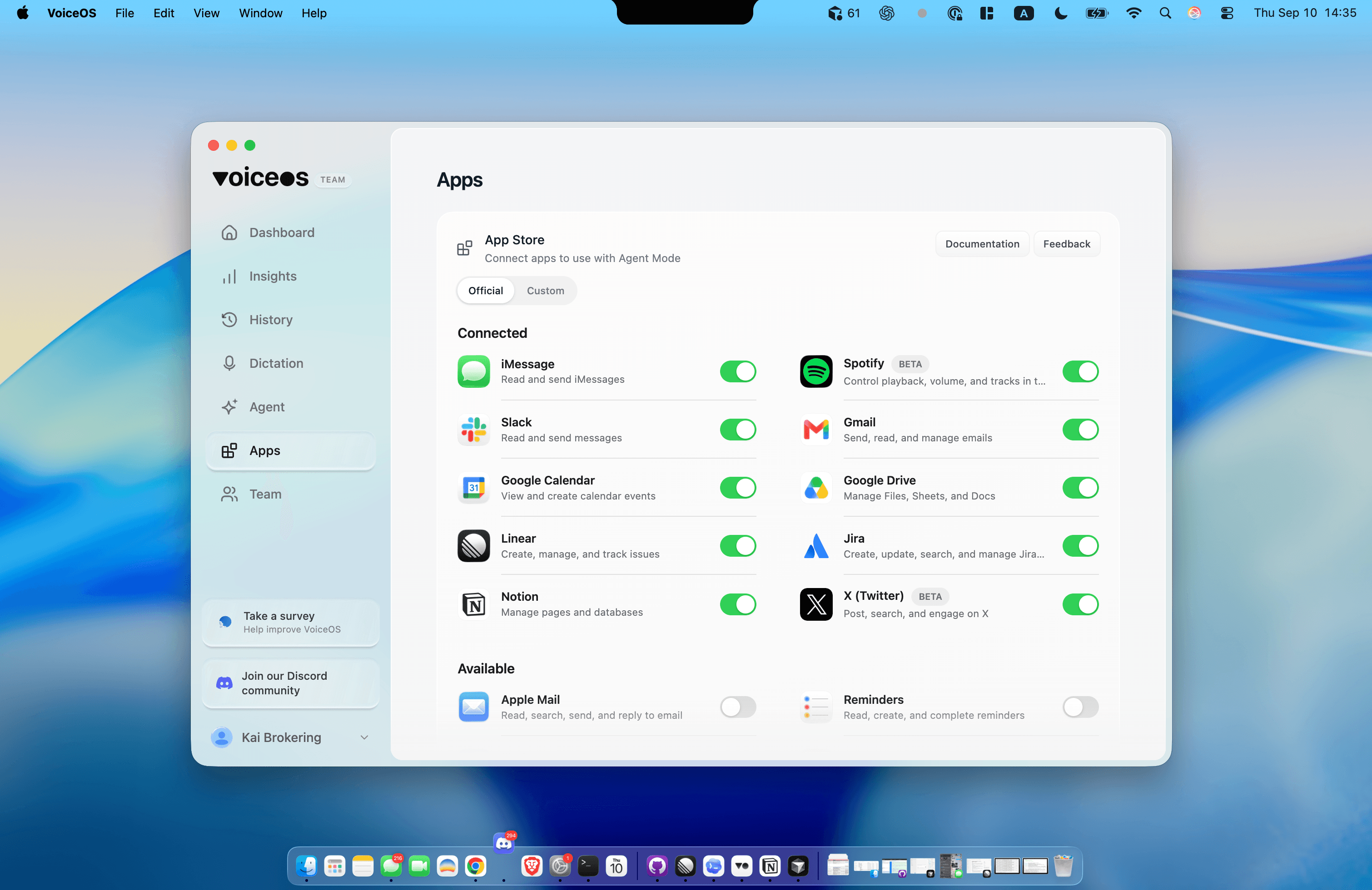 VoiceOS App Store on Mac showing connected Gmail, Slack, Google Calendar, and other apps