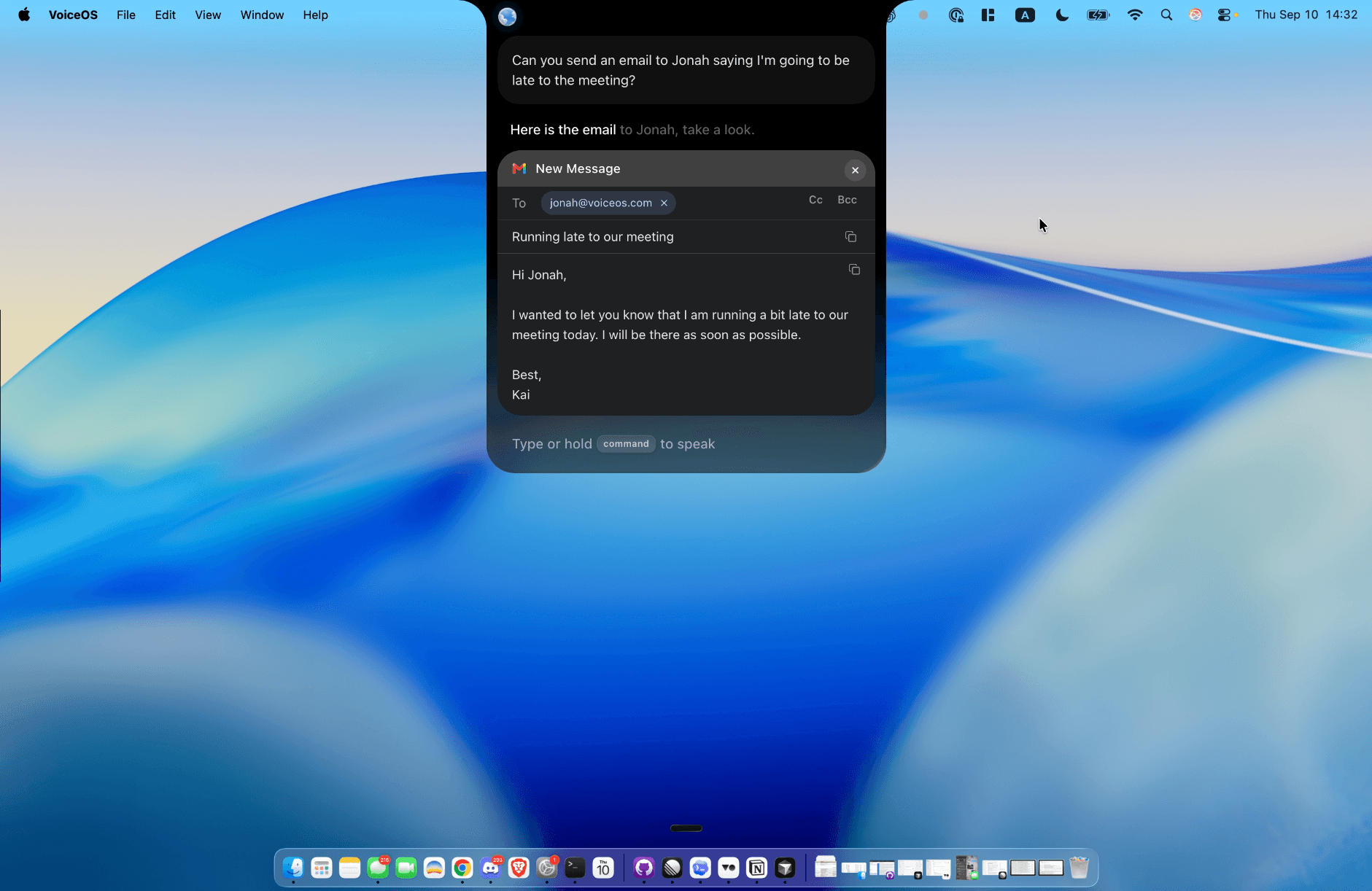VoiceOS on Mac showing an email draft to Jonah with recipient, subject, and message ready to review