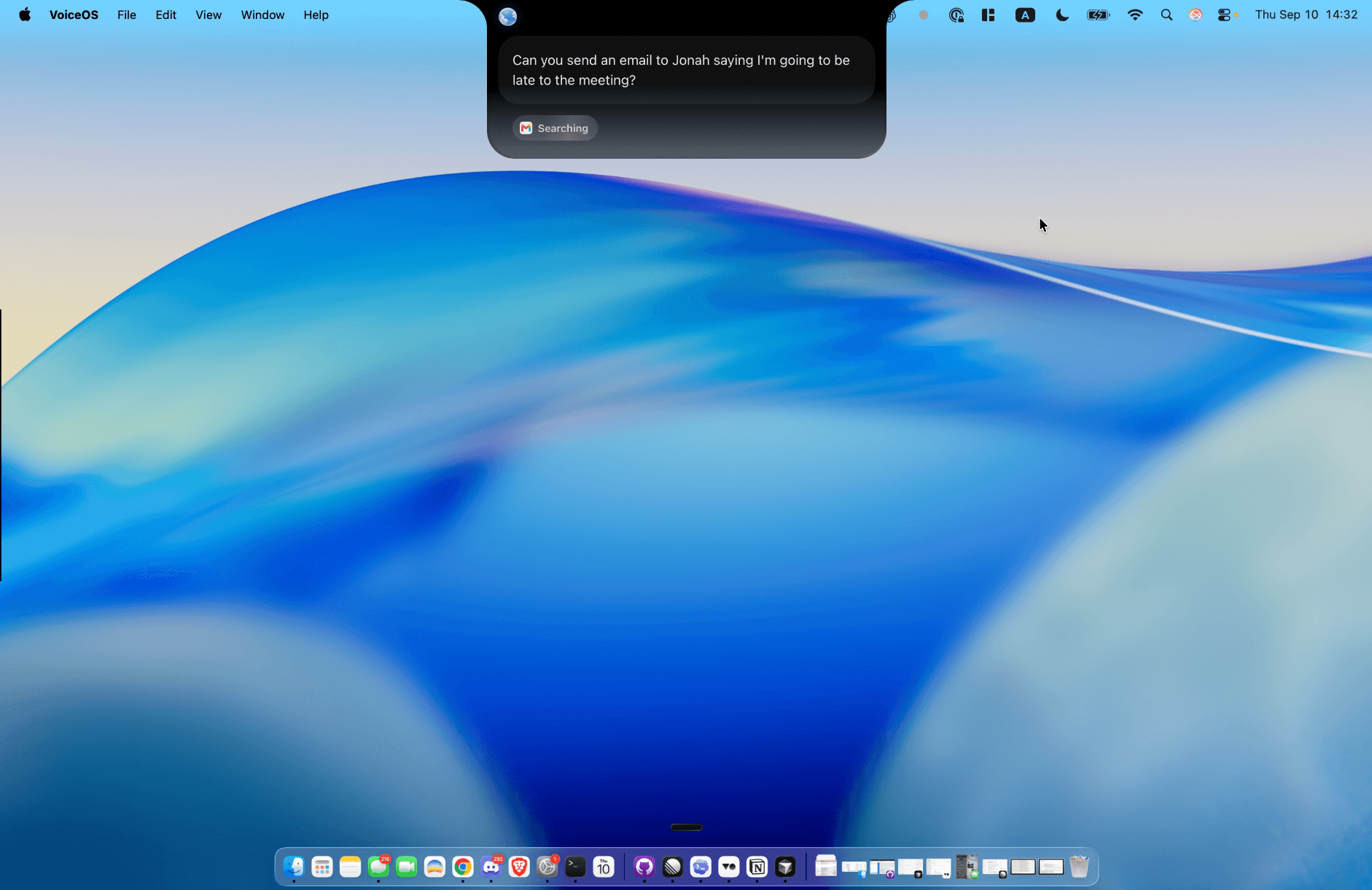VoiceOS on Mac displaying a spoken request to email Jonah about being late, with Gmail searching