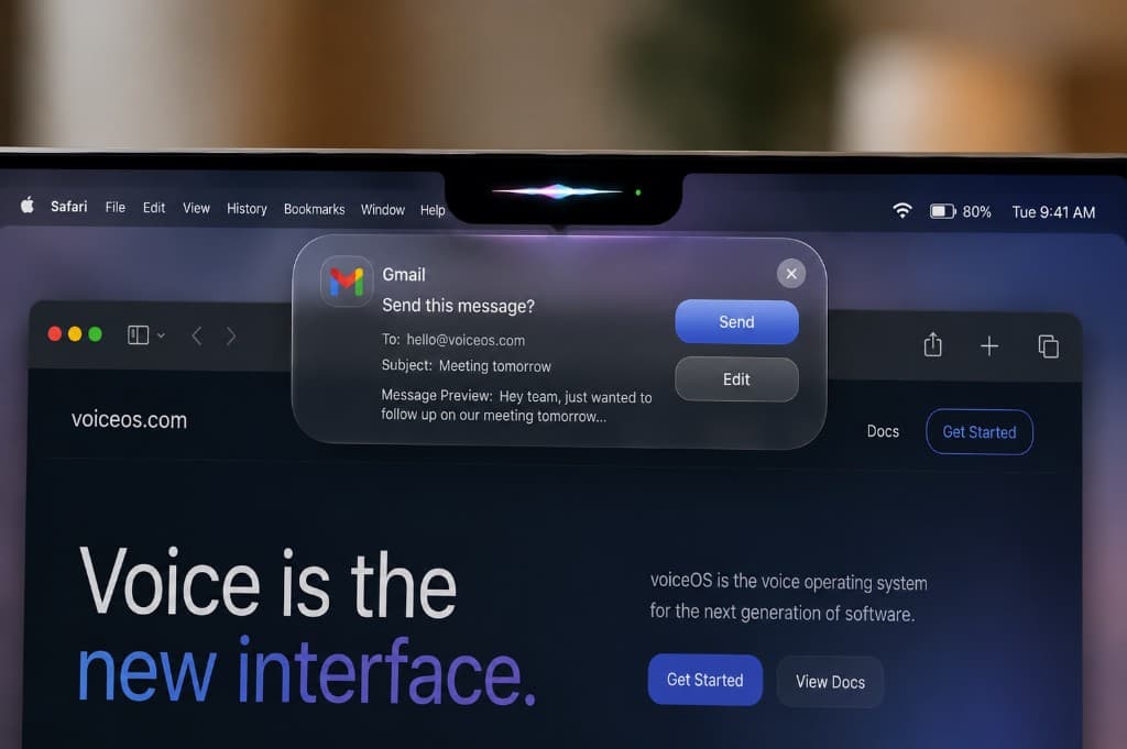 VoiceOS Agent Mode showing a Gmail send confirmation card on a Mac, ready to send a message by voice