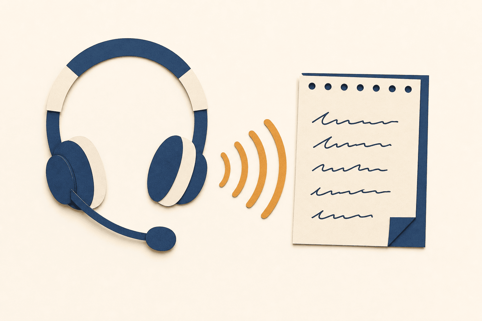 A headset, keyboard, and handwritten ticket notepad on a support desk, linked by soft speech-wave arcs from the headset to the notes.