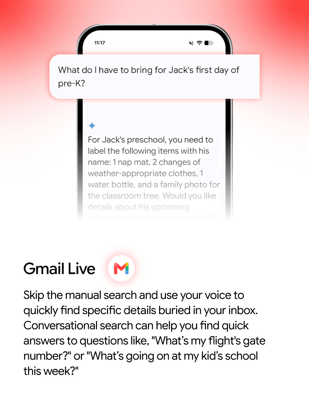 Gmail Live answering a spoken question about what a child needs for the first day of preschool