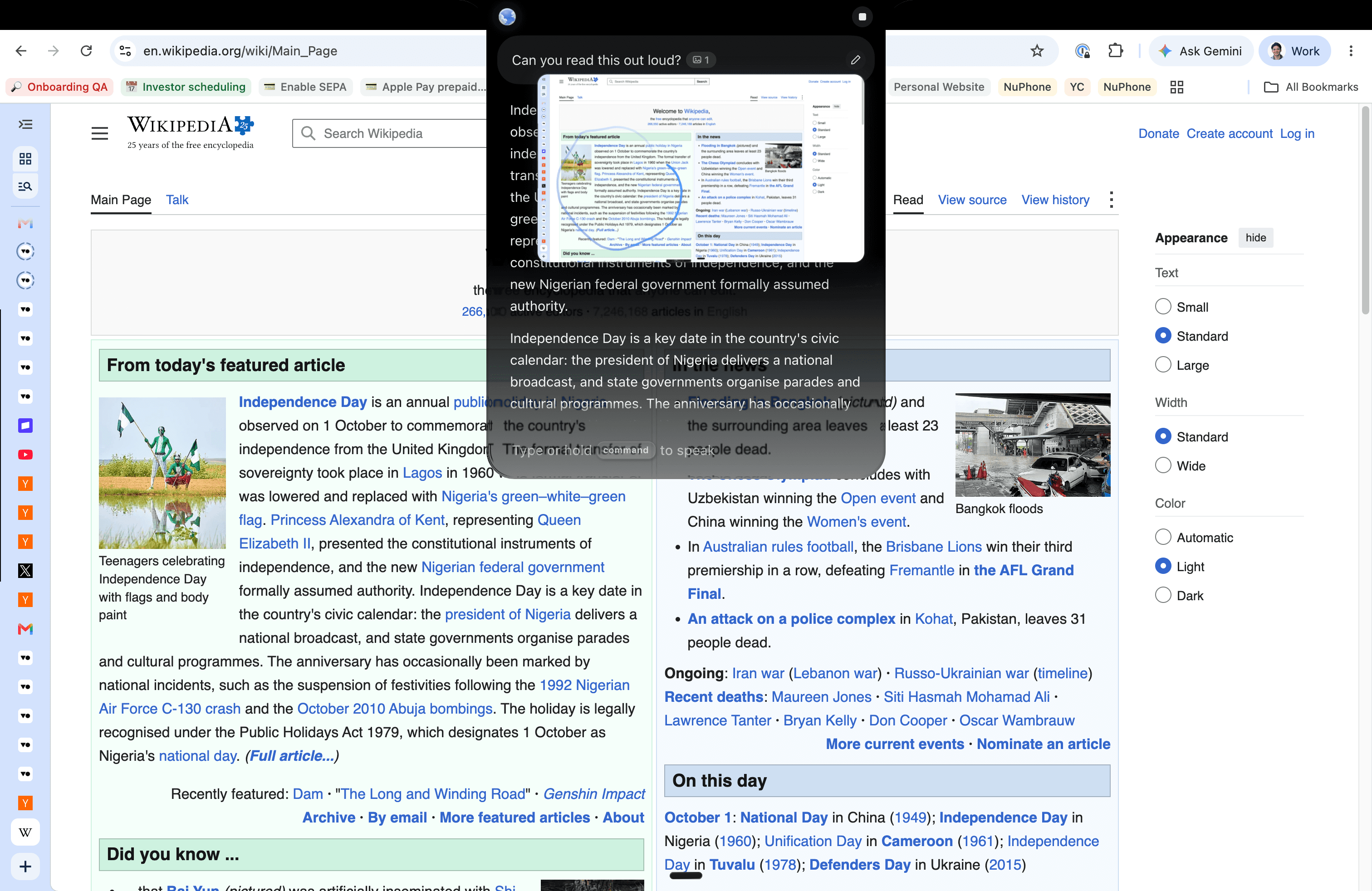 VoiceOS open over Wikipedia with the request “Can you read this out loud?” and the current page attached as screen context.