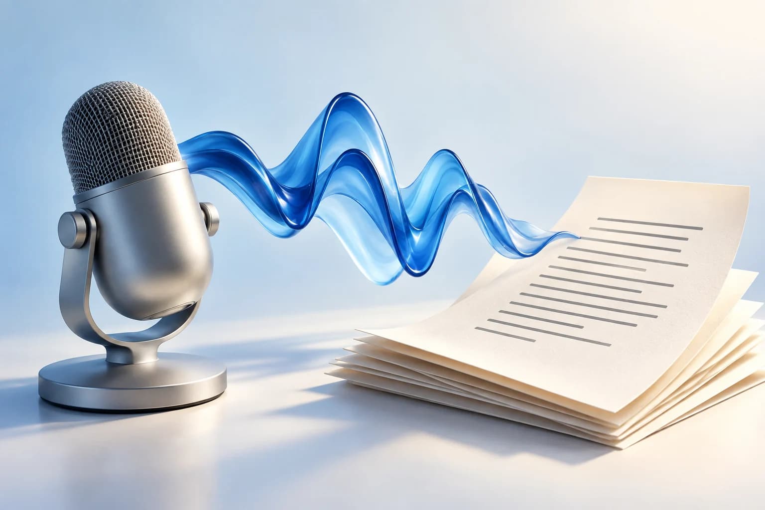 A silver microphone sends a translucent blue waveform toward a stack of paper.