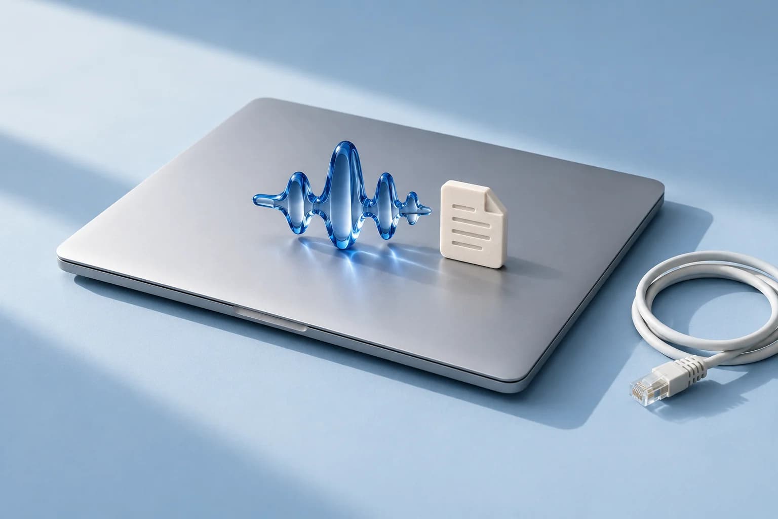 A closed laptop with a blue waveform and document beside a disconnected network cable.