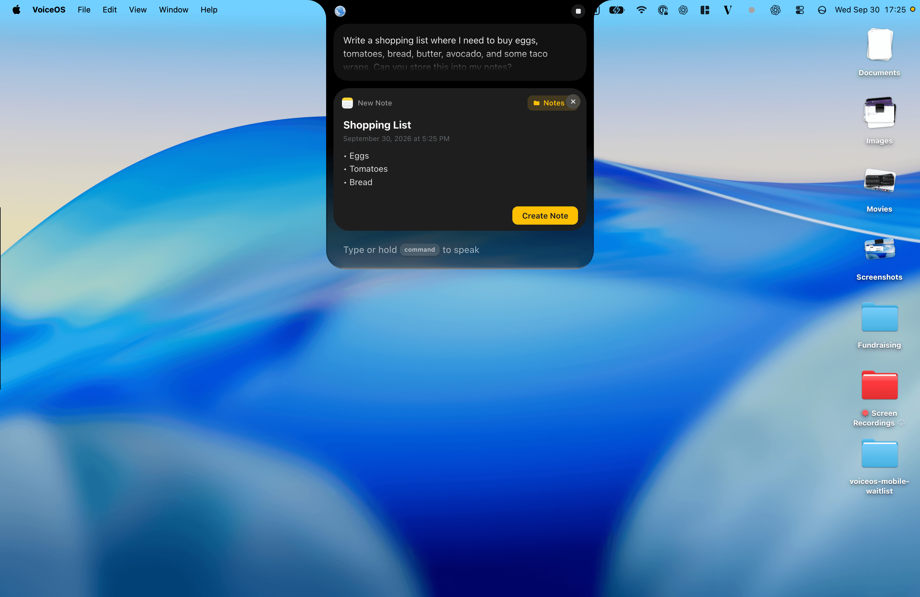 VoiceOS previews a Shopping List note with visible bullets for eggs, tomatoes, and bread, plus a Create Note button.