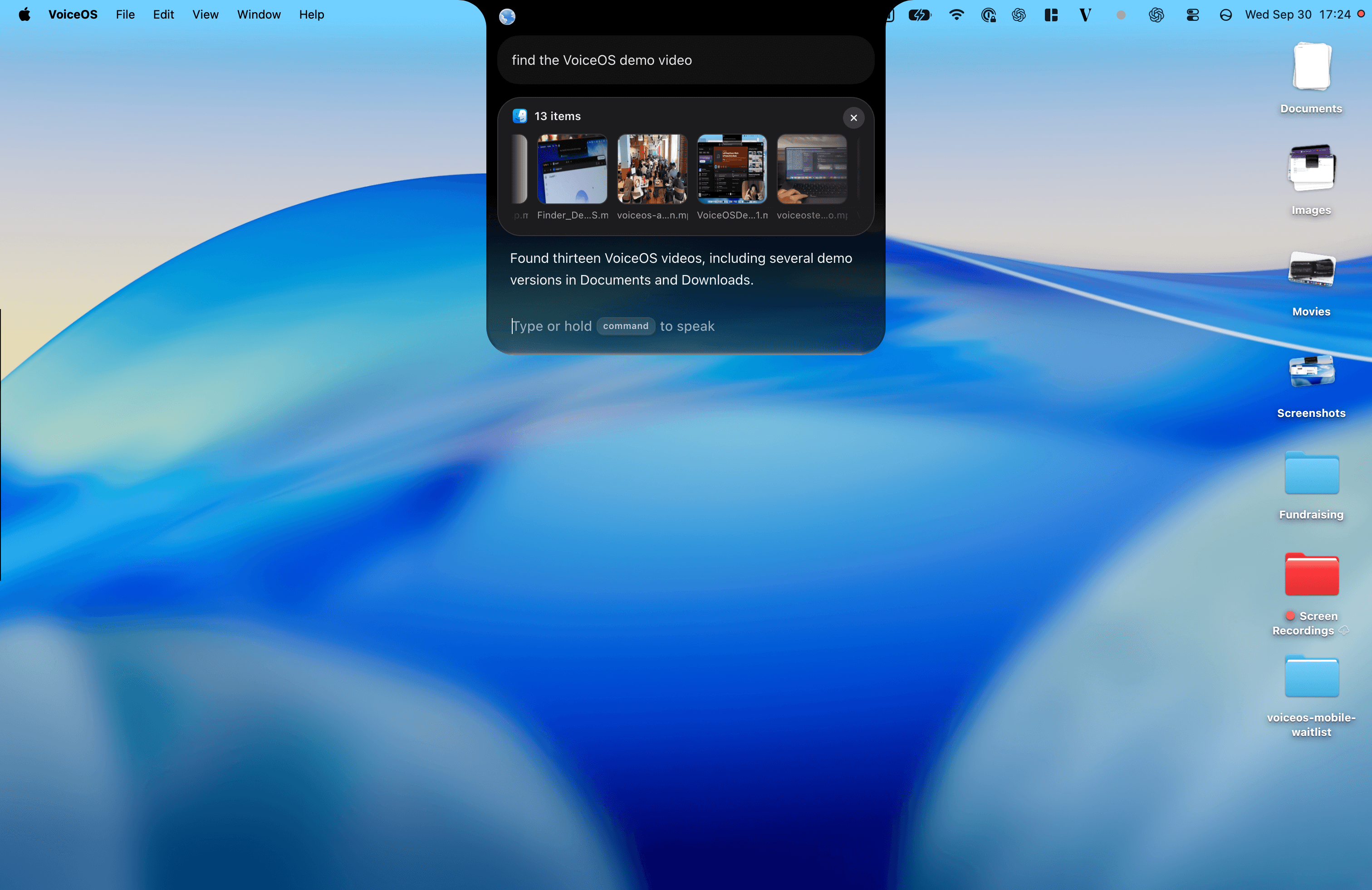 VoiceOS responds to “find the VoiceOS demo video” with thirteen matching files and video thumbnails from Documents and Downloads.