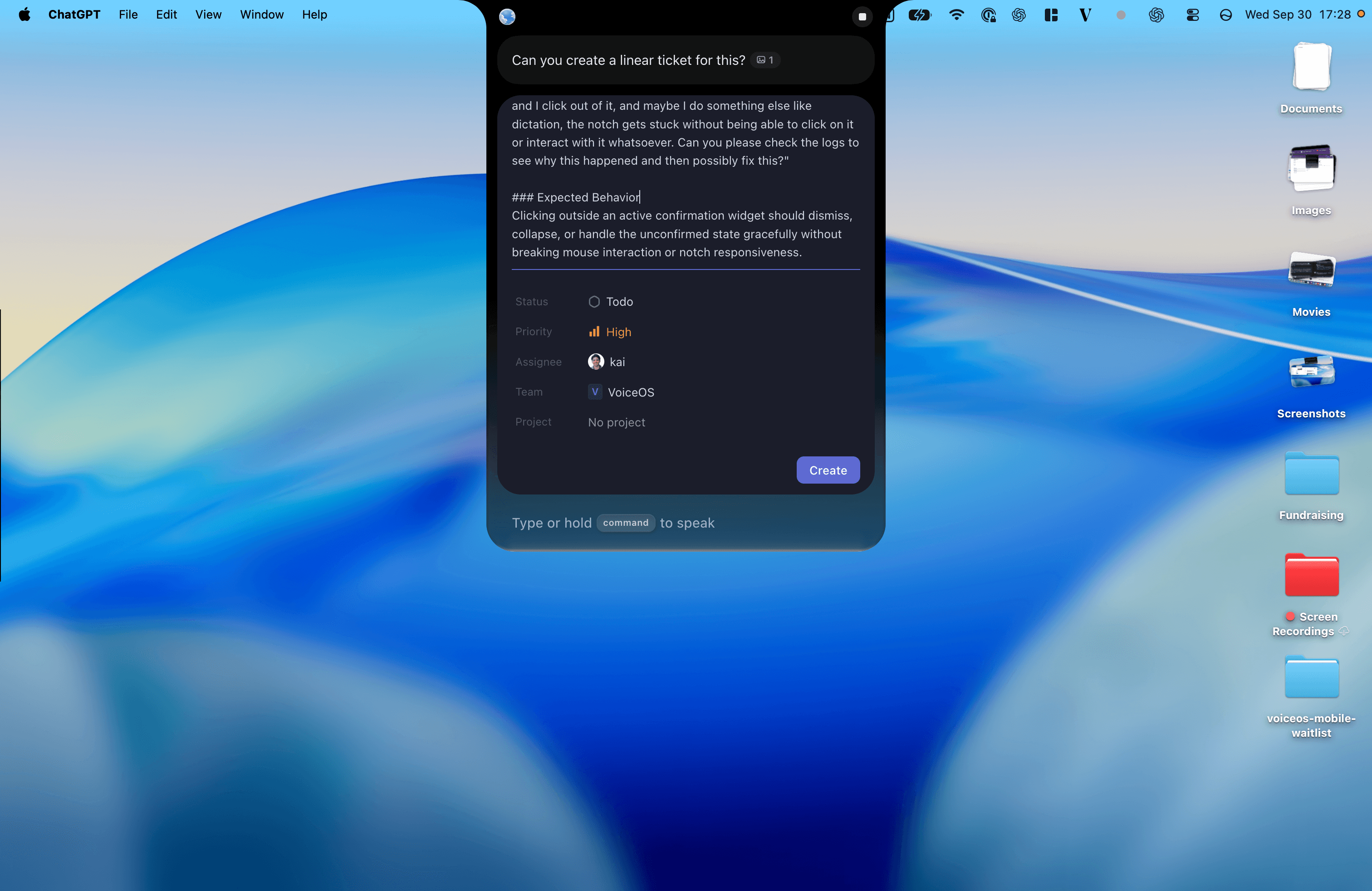 VoiceOS previews a Linear issue from attached screen context, showing an expected-behavior description, Todo status, High priority, assignee kai, team VoiceOS, and a Create button.