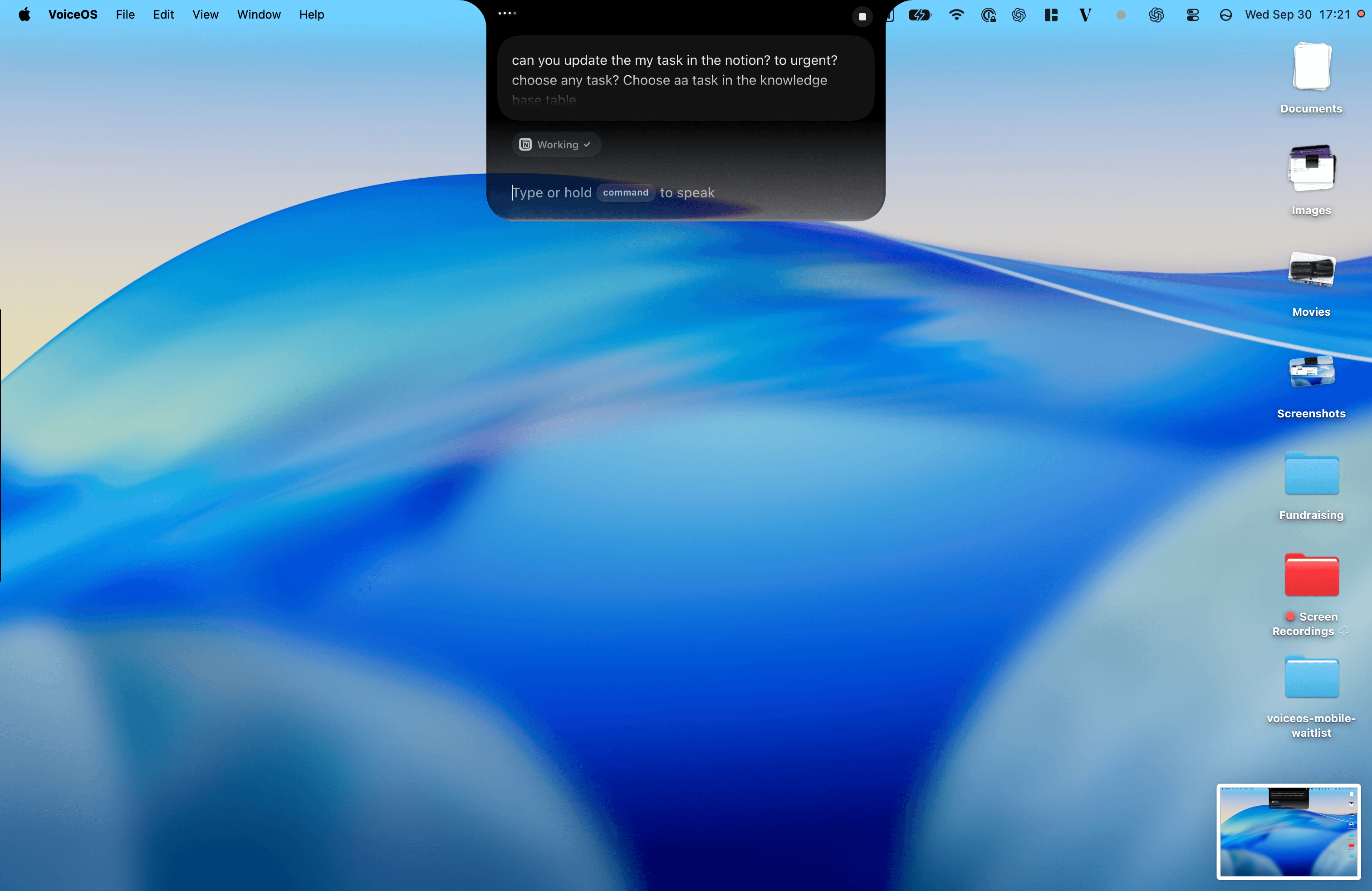 VoiceOS is working on a request to change a task in a Notion knowledge-base table to urgent.