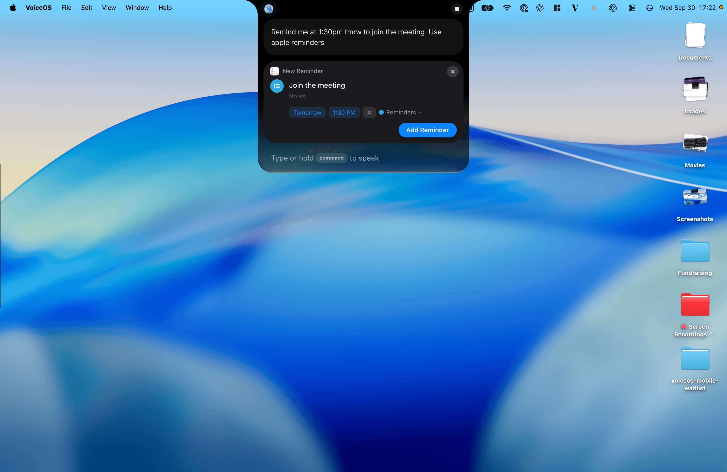 VoiceOS previews an Apple Reminder titled “Join the meeting” for tomorrow at 1:30 PM, with an Add Reminder button.
