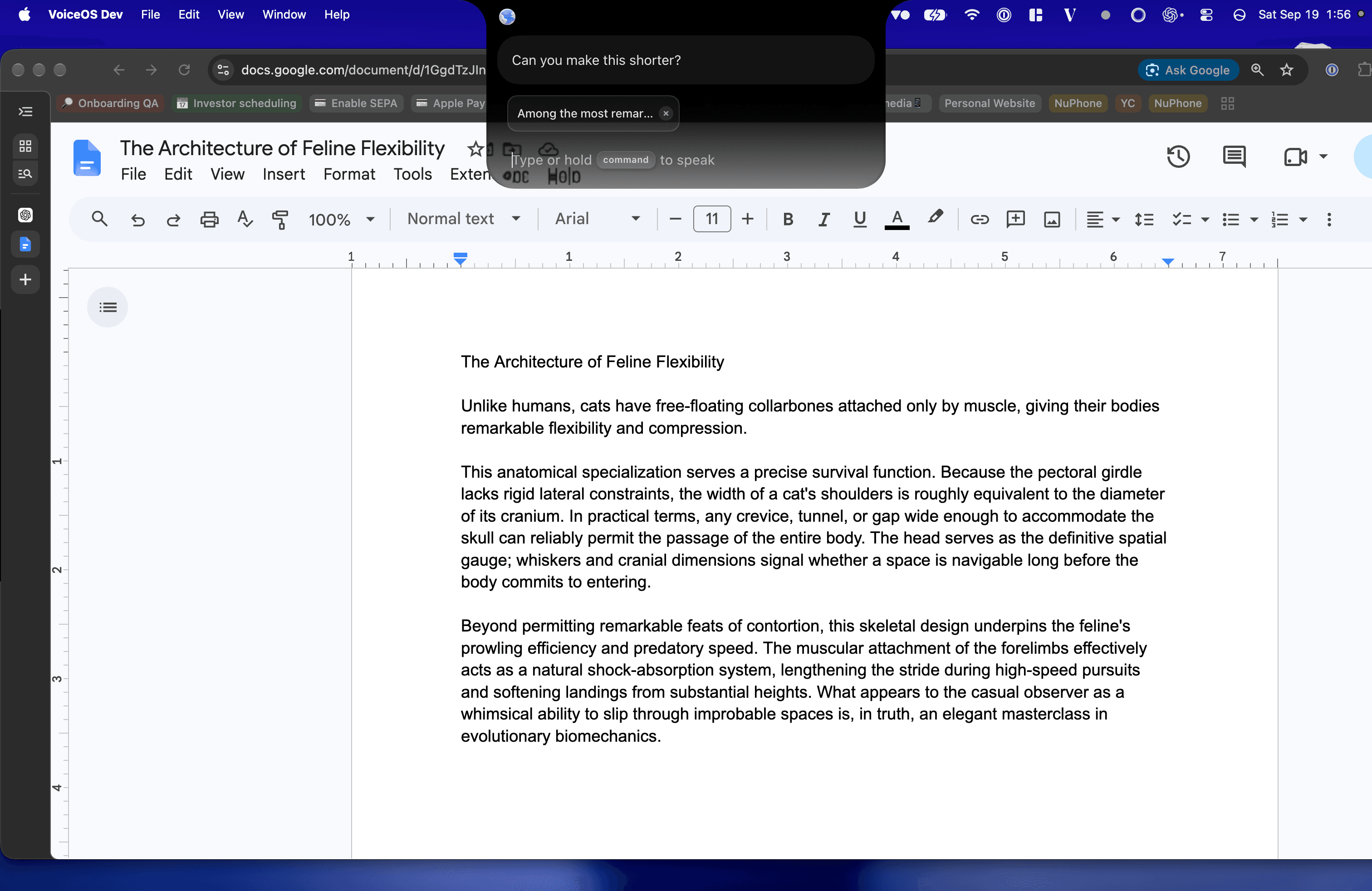 VoiceOS Edit mode ready on the same Google Docs selection