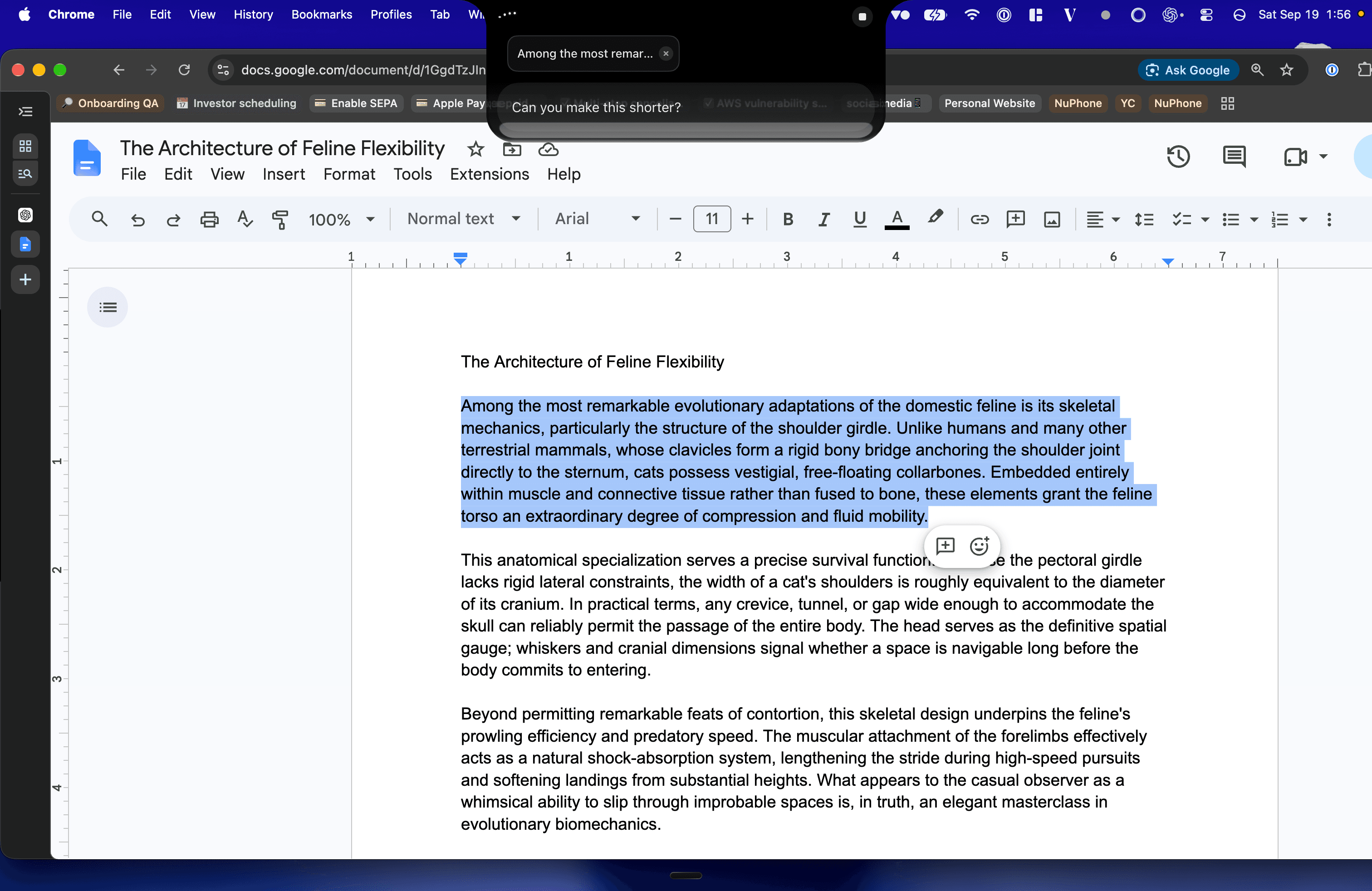 VoiceOS Edit mode with selected Google Docs text and the instruction "Can you make this shorter?"