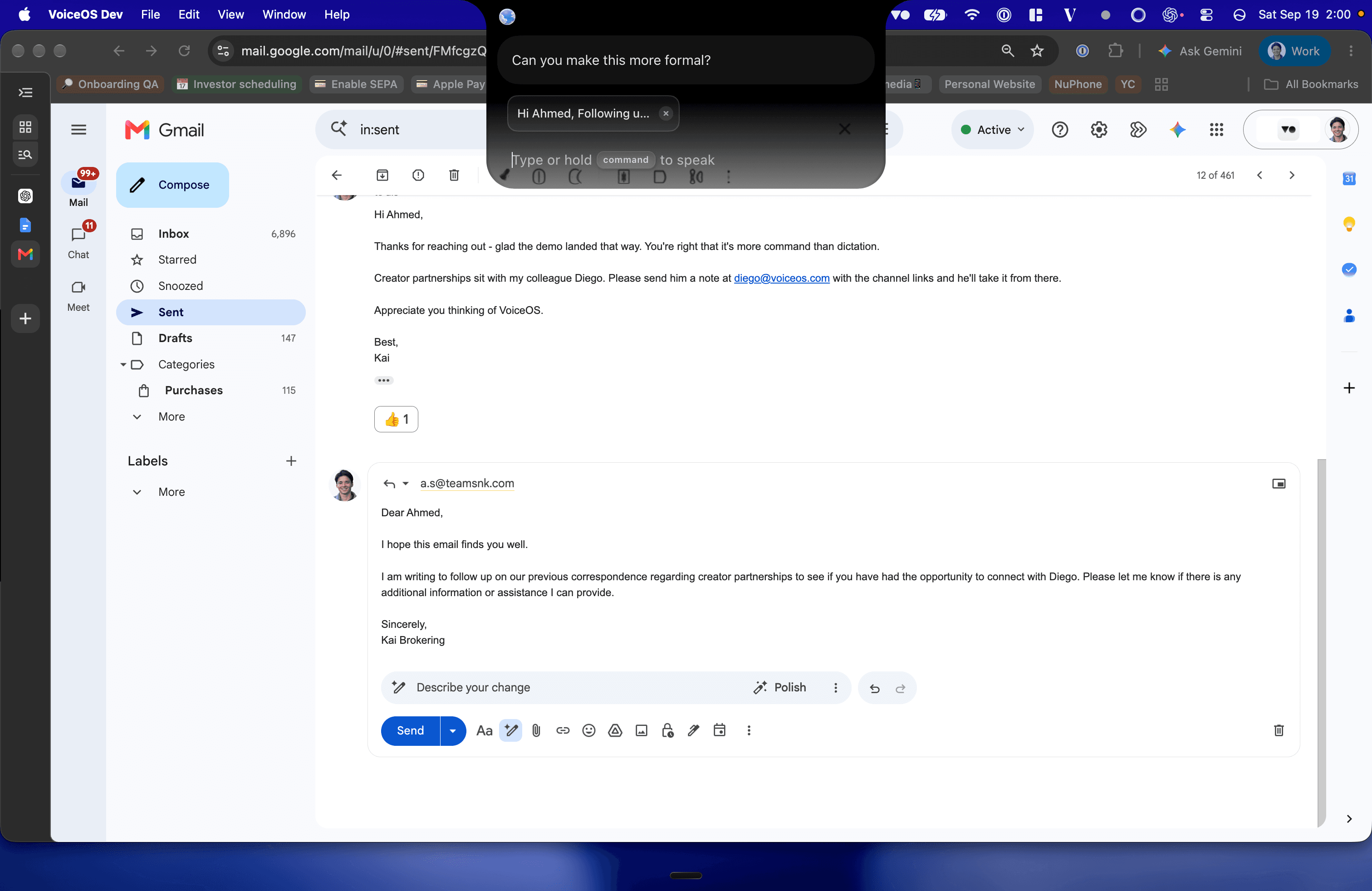 VoiceOS Edit mode on the same Gmail draft after requesting a more formal rewrite