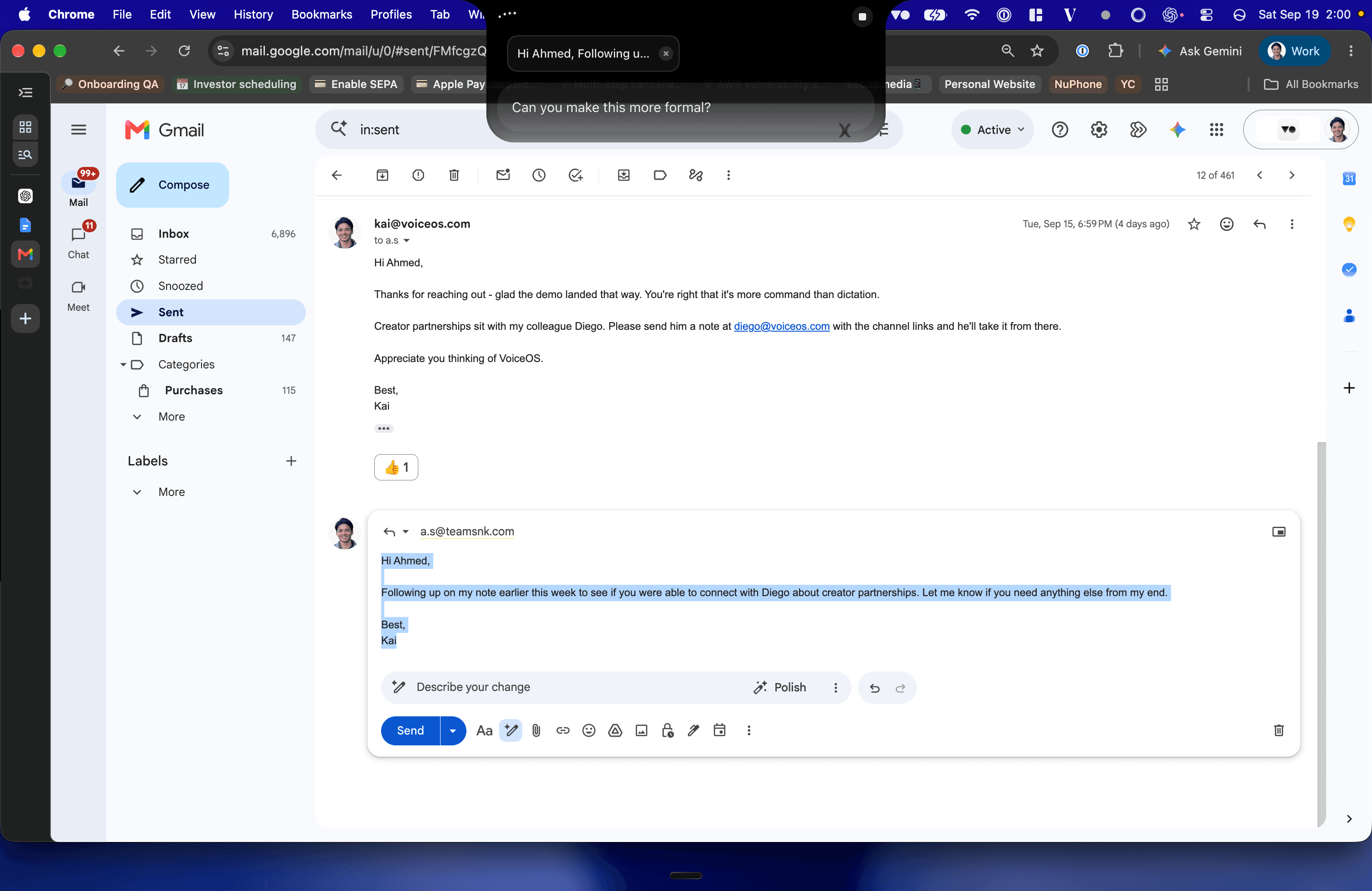 VoiceOS Edit mode on a Gmail draft with "Can you make this more formal?"