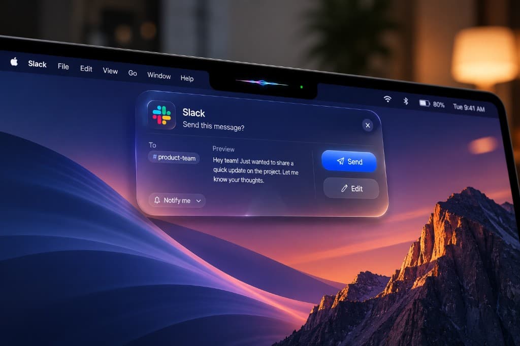 VoiceOS Agent Mode showing a Slack send confirmation card on a Mac, with a drafted message to the #product-team channel ready to send by voice