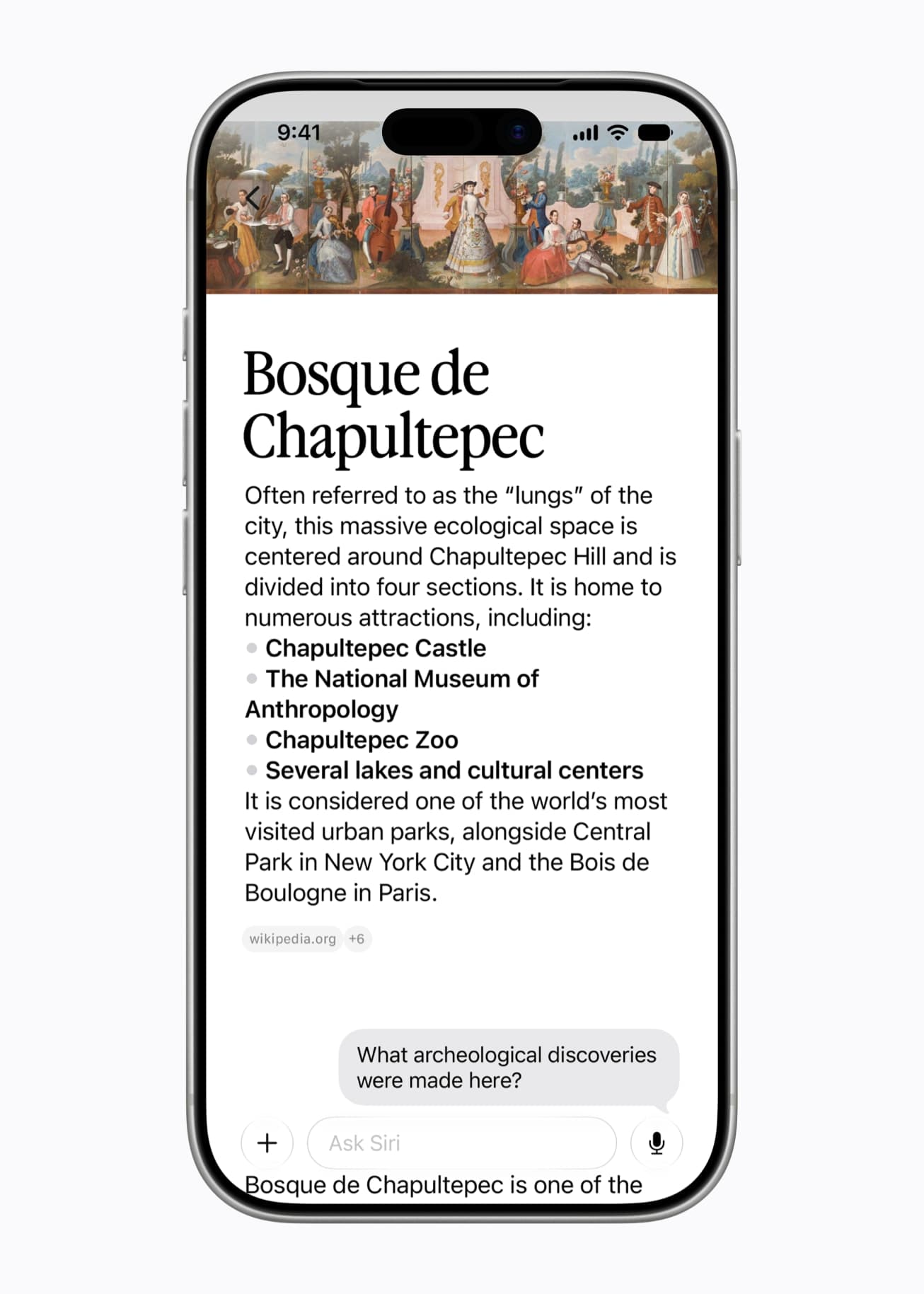 The dedicated Siri app showing a rich answer card with cited sources and an Ask Siri conversation input The dedicated Siri app showing a rich answer card with cited sources and an Ask Siri conversation input