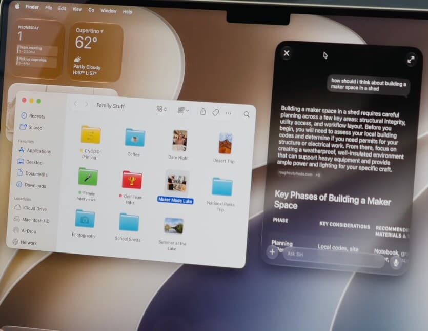 Siri AI on macOS expanded into a full answer card with cited sources, a Key Phases table, and an Ask Siri input, next to a Finder window Siri AI on macOS expanded into a full answer card with cited sources, a Key Phases table, and an Ask Siri input, next to a Finder window