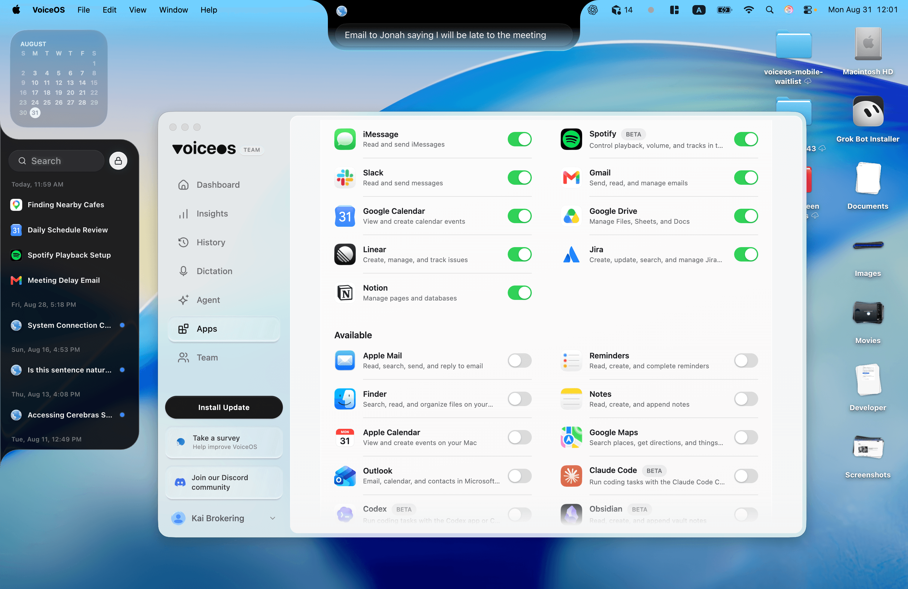 VoiceOS desktop app showing connected apps and a voice command
