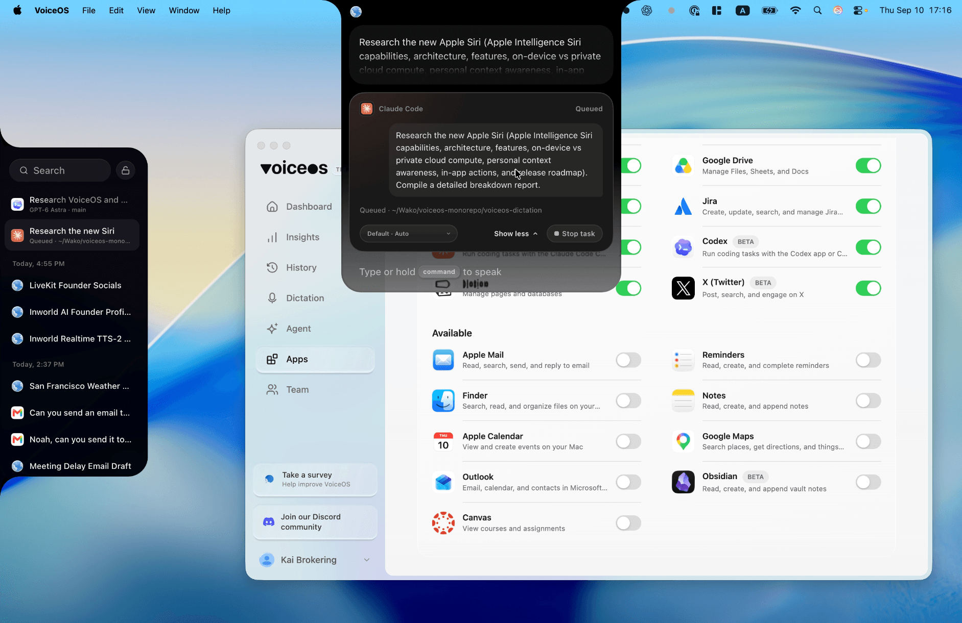 VoiceOS displaying a queued Claude Code task to research Apple Siri, with connected apps visible behind the task card.