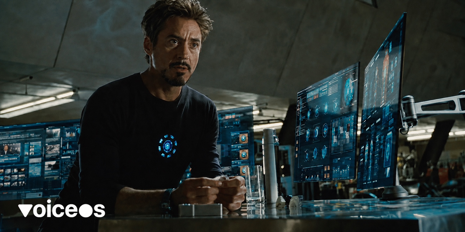 Tony Stark in his computer lab with the white VoiceOS logo